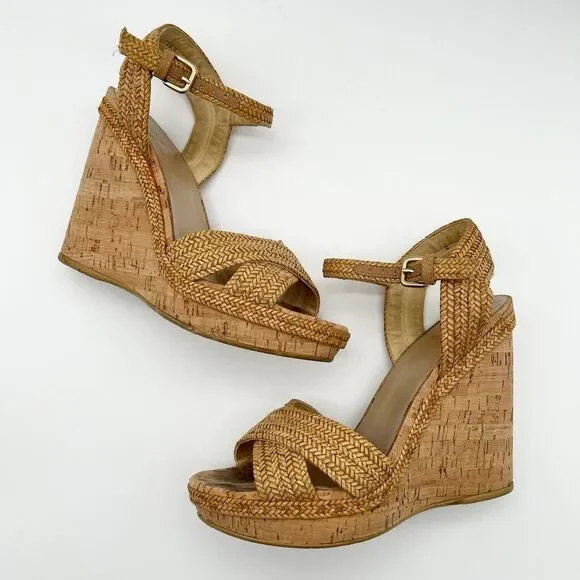 Stuart Weitzman Minx Tan Woven Leather Ankle Strap Cork Wedge Sandals Women’s 7 - Picture 3 of 16
